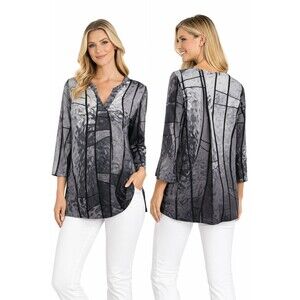 Azalea by Firmiana Gray Print Tunic Top L Notch V-Neck 3/4 Sleeve
